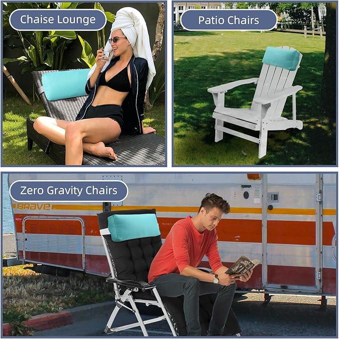 Chaise Lounge Head Pillow, 2 Pack Outdoor Lounge Chair Pillows with Adjustable Strap Longue Head Pillow Headrest Pillows for Patio Backyard Beach Pool Garden Recliner(Light Blue)