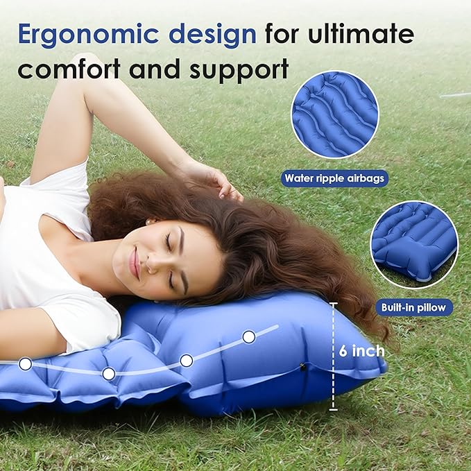 Self Inflating Sleeping Pad for Camping, Portable 4" Extra-Thick Camping Cots for Adults with Pillows & Built-in Foot Pump, Ultralight Camping Mattress for Tent Hiking Essentials Gear (Blue, Single)