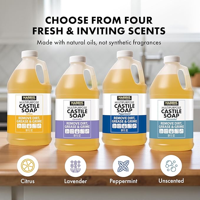 HARRIS Multi-Purpose Pure Castile Soap, Made with Olive, Coconut, and Pine Tree Oil, Uses for Cleaning Face, Body, Hand, Hair, Home, Dishes, and Laundry