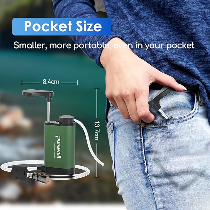 Purewell Water Purifier Pump with Replaceable Carbon 0.01 Micron Water Filter, 4 Filter Stages, Portable Outdoor Emergency and Survival Gear - Camping, Hiking, Backpacking