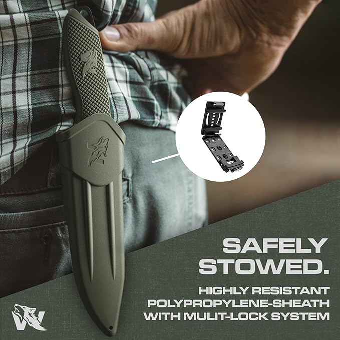WOLF-II Full Tang Survival Knife - Tactical Fixed Blade with Sheath and Multi Lok - D2 Steel - Bushcraft & Camping Knife - EDC Outdoor with TPE Handle