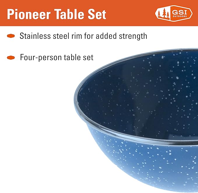 GSI Outdoors Pioneer Enamel 12 Pieces (4-Person) Dish Set I Enamelware Dishes Including Plates, Bowls and Mugs for Camping, Outdoors, RV, Camp, Blue