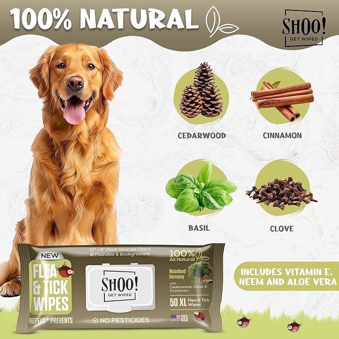 Shoo! Flea & Tick Wipes for Dogs | Convenient, Easy On-The-Go Protection | Plant Based, Natural Oils, Chemical Free | Repels & Prevents | 50 XL Wipes | (Woodland Harmony)