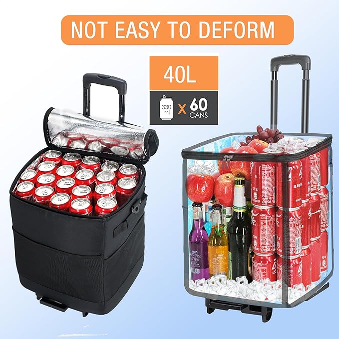 Collapsible Large Rolling Cooler 60-Can/40L,3-in-1 Insulated Soft Cooler Bag,Adjustable Wheels&Handle, Rolling Cooler Cart for Beach Camping Travel Outdoor Hot Takeout Orders