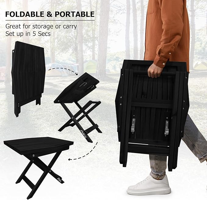 Melino Wooden Folding Outdoor Side Table, FSC Certified Acacia Weatherproof Side Tables, Wood Folding Small Table for Outdoor, Patio, Porch, Pool, Backyard, Garden, Balcony and Deck - Black