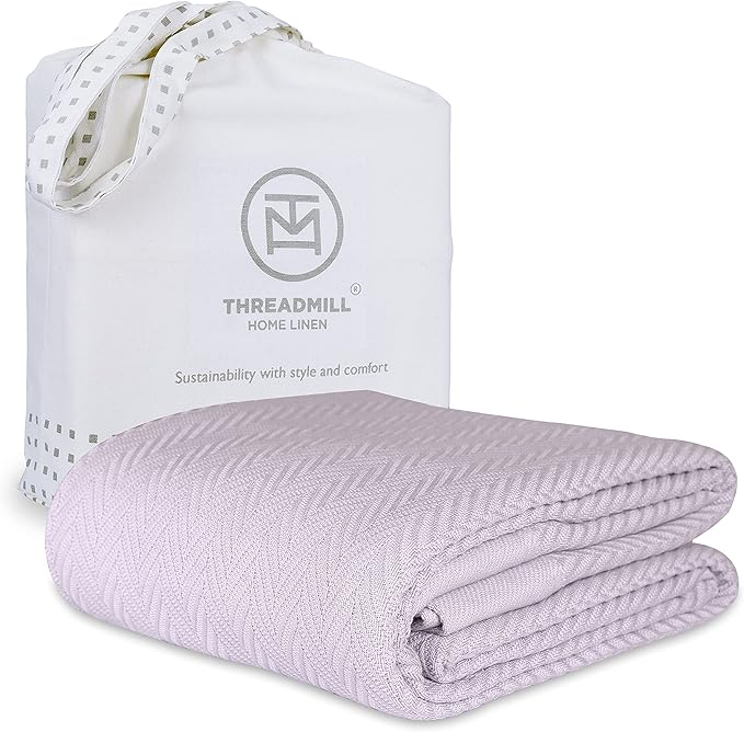 Threadmill Luxury Cotton Blankets for Twin Size Bed | All-Season 100% Cotton Twin Blanket for Bed | Herringbone Soft & Cozy Fall Thermal Blanket, 350GSM, 68x92 inches | Lilac