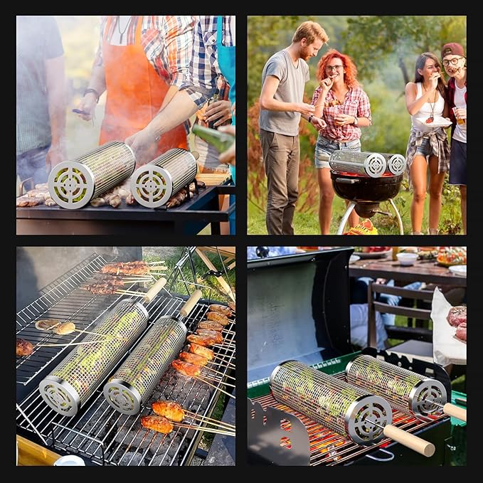 Rolling Grilling Baskets for Outdoor Grill, 2 Pcs BBQ Grill Basket, Stainless Steel Barbeque Grill accessories set, Camping Picnic Cooking Tools for Vegetable/Shrimp/Chicken, Gifts for Men Dad Husband