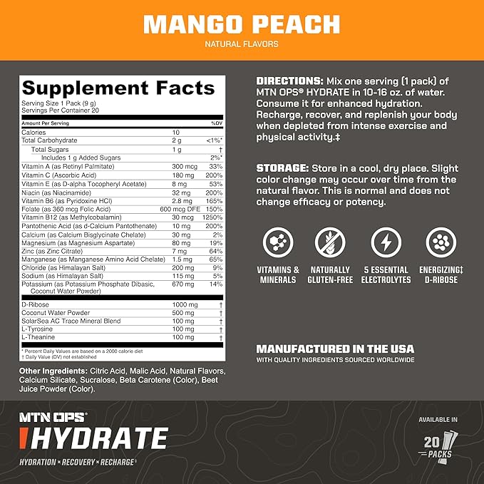 MTN OPS Hydrate Electrolytes Powder Drink Mix, 20 Single Serving On-The-Go Electrolyte Packs with Over 1000mg of Electrolytes per Serving, Mango Peach