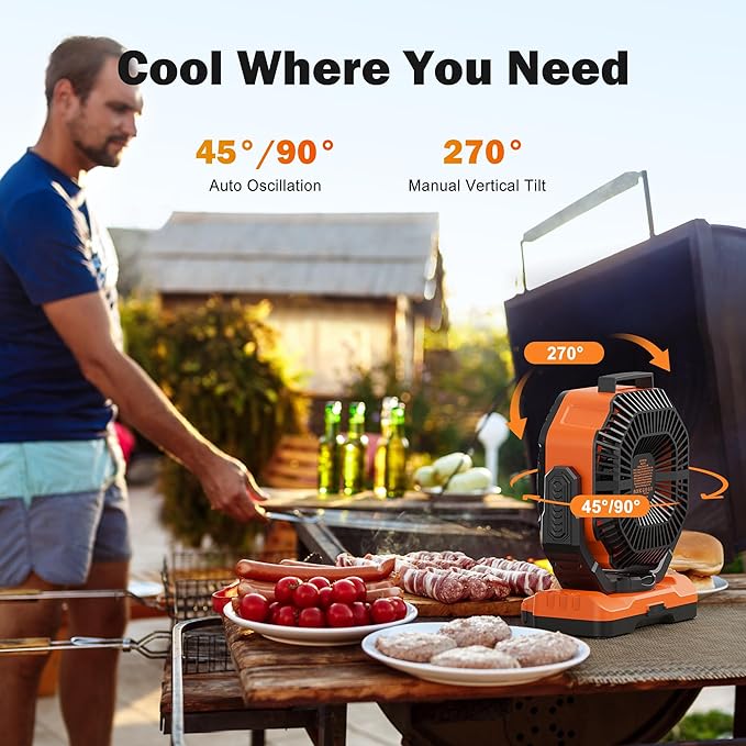 AMACOOL 20000mAh Rechargeable Camping Fan, Battery Operated Fan with Light, 68Hrs Work Time, 4 Speed, Auto Oscillating Outdoor Fans with Hook for Tent RV Car Travel Emergency Power Outages