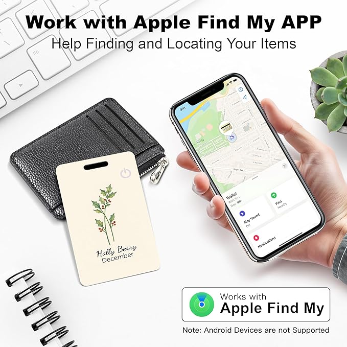Wallet Tracker Card (iOS Only), Rechargeable Bluetooth Smart Tracking for Apple Find My Compatible Anti Tracker for Men Women Slim Item Locator for Purse Passport Key Luggage Tag (1Pcs/DEC FLR)