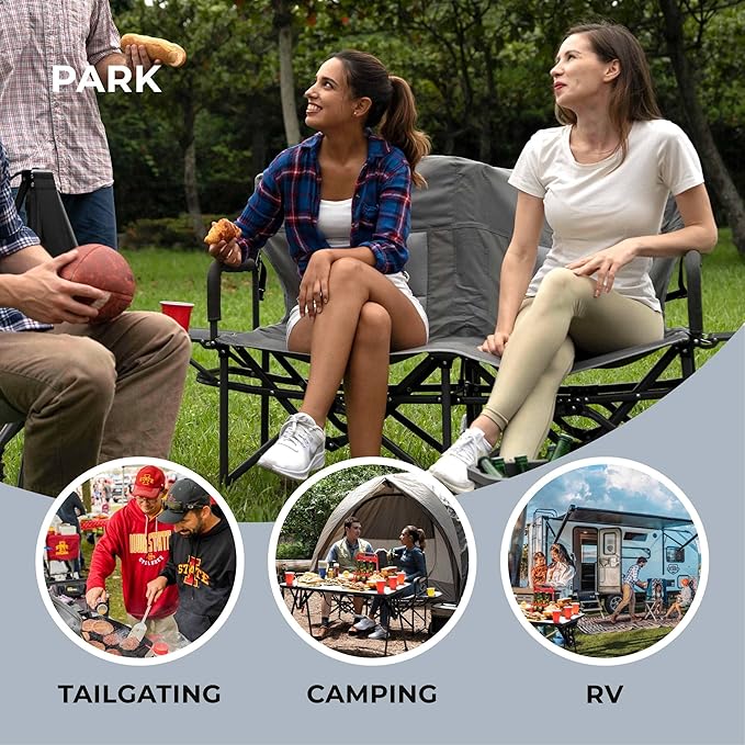Oversized Double Portable Folding Director’s Loveseat Chair with Padded Backrest, Side Table | Outdoor Sports, Beach, Lawn, Hunting, Tailgating, Fishing| Supports 300 Lbs/Seat
