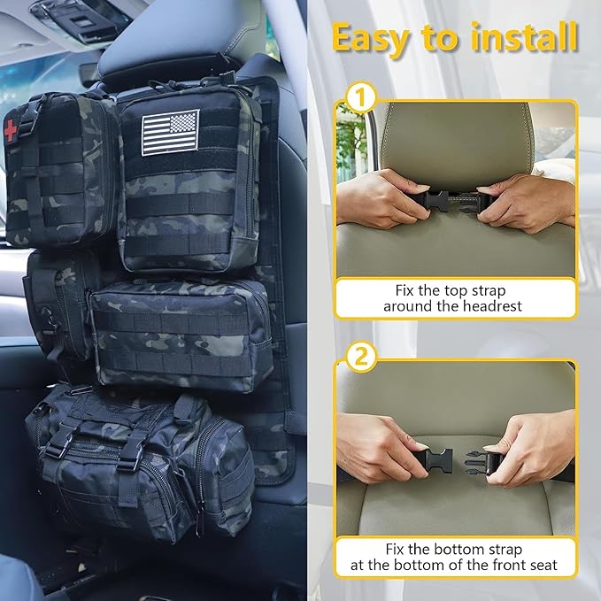 Universal Tactical Car Seat Back Organizer Bag Tactical Molle Vehicle Organizers Panel Vehicle Protector Organizers with 5 Detachable Pouches for Car Truck Ford Jeep (Black camo)