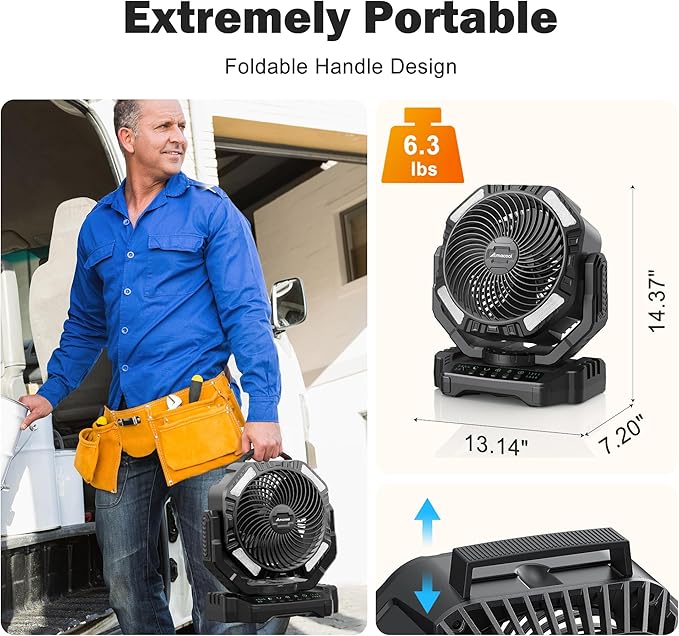 AMACOOL 20000mAh Rechargeable Camping Fan, Battery Operated Fan with Light, 68Hrs Work Time, 4 Speed, Auto Oscillating Outdoor Fans with Hook for Tent RV Car Travel Emergency Power Outages