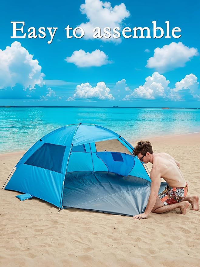Easy Set-Up Beach Tent - UPF 50+ Sun Shelter for Family (2-3 Person), Portable Instant Sun Shade with 3 Mesh Windows, Windproof Stakes & Storage Pockets, for Beach, Camping, Picnics