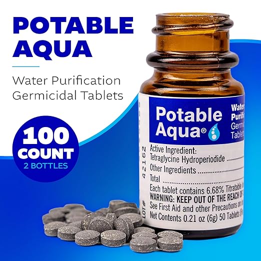 Potable Aqua Water Purification Tablets, Portable and Effective Water Purification Solution for Camping, Hiking, Emergencies, Natural Disasters and International Travel, Two 50ct Bottles, Blue