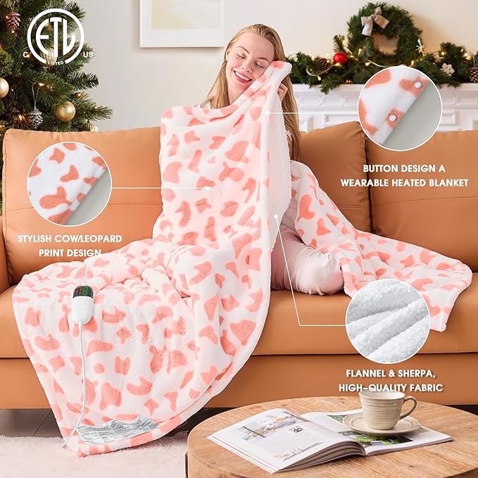 Cow Print Heated Electric Blanket Twin,62X84 Pink Heating Blanket with 10 Heats Levels & 8 Hours Auto Off,Cute Cow Decor Fleece Sherpa Blankets Warmer Gifts for Women Couch Office,Washable,ETL
