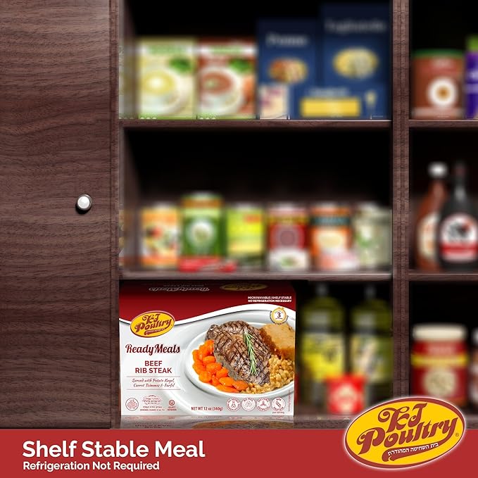 KJ Poultry Kosher Ready Meals - Beef Rib Steak & Kugel, MRE Meat Meals Ready to Eat, Shabbos Food (3 Pack) Prepared Entree Fully Cooked, Shelf Stable Microwave Dinner Travel Military Camping Survival