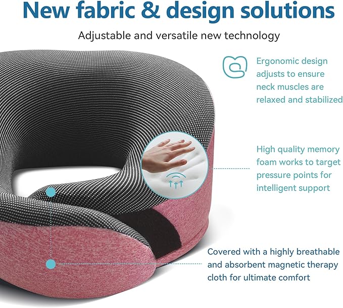 Pink Airplane Travel Pillow Set, 100% Pure Memory Foam Neck Pillow, Updated Material, Long Flight Travel Kit with 3D Contoured Eye Masks, Earplugs, and Luxury Bag