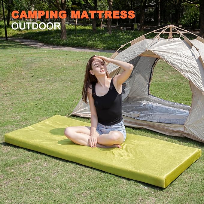 Memory Foam Camping Mattress Sleeping Pad, 3" Thick Waterproof Portable Roll Up Sleeping Mats & Floor Mattress Pad with Pillow + Travel Bag for Camping Car Truck SUV Tent Sleepover Kids Adult
