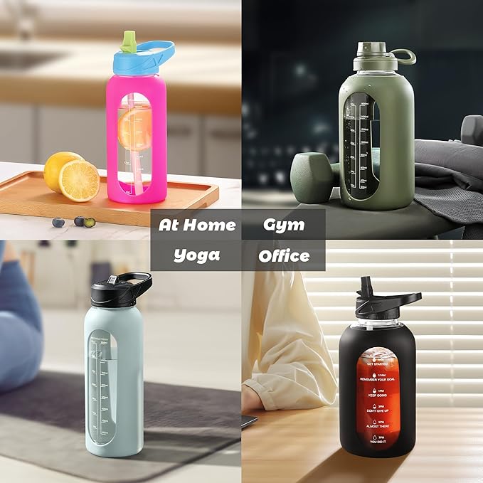 CIVAGO 64 oz Glass Water Bottle Jug with Straw and Handle, Half Gallon Sports Motivational Bottle with Time Marker, Large Flask Canteen with Silicone Sleeve for Gym, Army Green