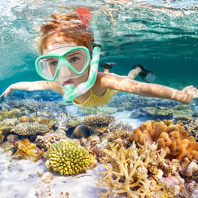 Kids Snorkel Set Dry Top Snorkeling Gear for Kids Youth Boys Girls Junior Age 5-15,Tempered Glass Swimming Diving Mask and Snorkel Set 180 Degree Panoramic View