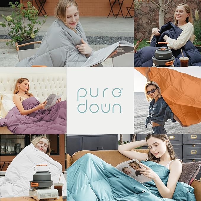 puredown® Soft Feather Down Throw Blanket Lightweight Packable Couch Throw for Indoor and Outdoor Use, 50"X70", Teal Blue