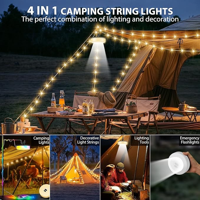 Camping String Lights, 4 in 1 Quick Storage Camping Essentials Gear 32.8FT Rechargeable Tent Lights with 9 Modes Hanging Waterproof LED Camp Lamp for Hiking Patio Awning Garden Halloween Xmas Festival