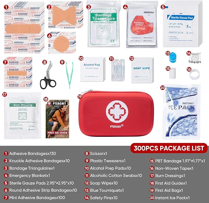 PTEROMY 300 Piece First Aid Kit, Portable Small Emergency Kits Compact 1st Aid Kit with Hard Storage Case for Car, Travel, Home, Camping, Outdoor, Hiking