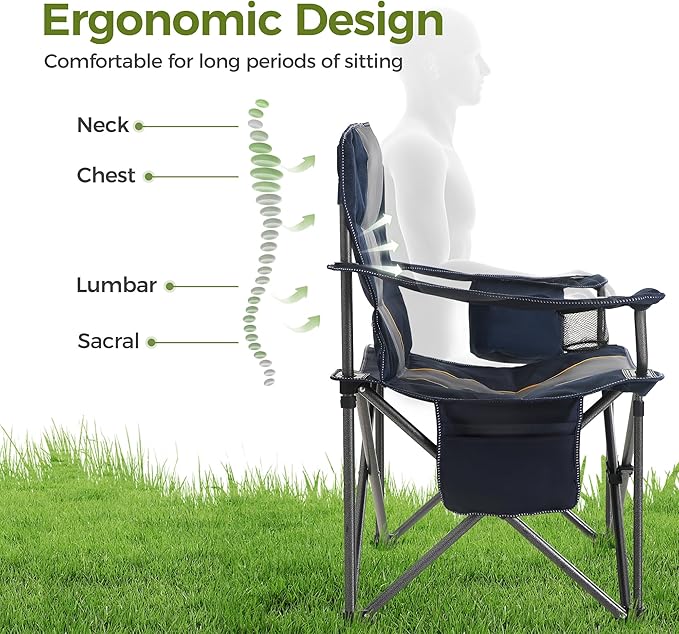 ALPHA CAMP Oversized Camping Chair Heavy Duty Lawn Chair with Cooler Bag Support 450 LBS Steel Frame Collapsible Padded Arm Quad Lumbar Back Folding Chair for Lawn Outdoor