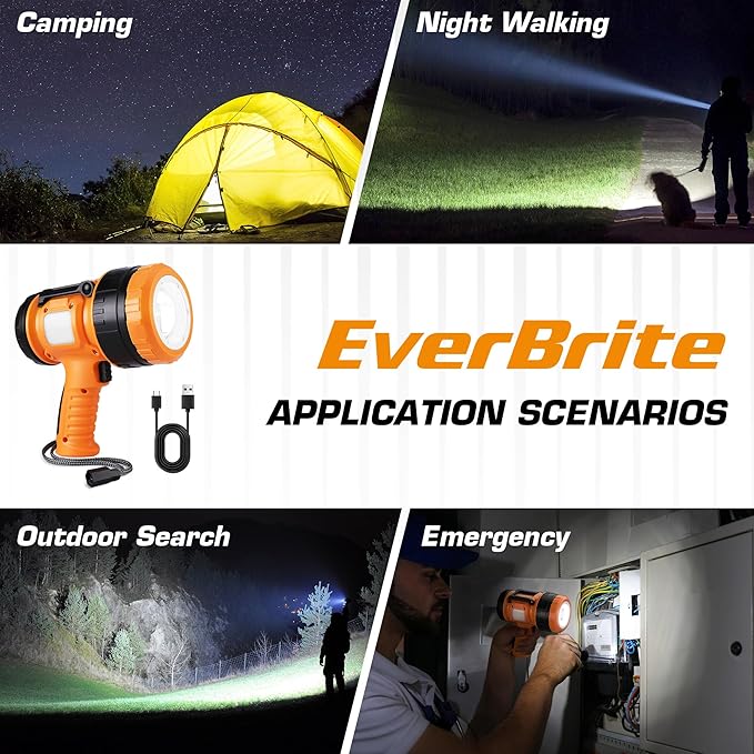 EverBrite Zoomable Rechargeable Spotlight with Foldable Stand, Handheld LED Spotlight Flashlight with 5 Modes, 600M Range, Spot Light for Hunting Boating Camping Hiking Outdoors Searching, 1200 Lumens