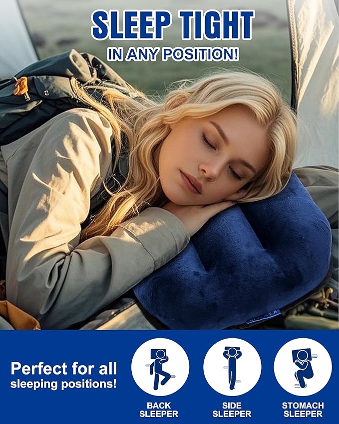 Ultralight Inflatable Camping Pillow for Sleeping – Soft Velvet Cover, Compact & Portable, Ergonomic Neck Support, Machine Washable Air Pillow, Perfect for Travel, Hiking, Backpacking – Blue