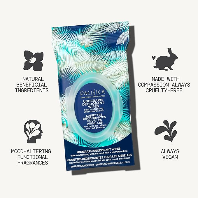 Pacifica Deodorant Wipes - Coconut Scented Body Wipes, Aluminum-Free After Workout Underarm Deodorant, Helps Fight Body Odor, Travel, Summer, Long Flight, and Gym Essentials for Men and Women - 30 pcs