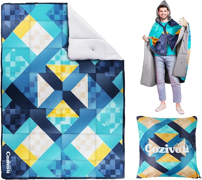 Camping Blanket, 2-in-1 Wearable Puffy Camping Blanket with Hood & Snap Buttons Waterproof Lightweight Travel Blanket Converts to Pillow for Backpacking, Beach, Picnics, Stadium(Kaleidoscope)