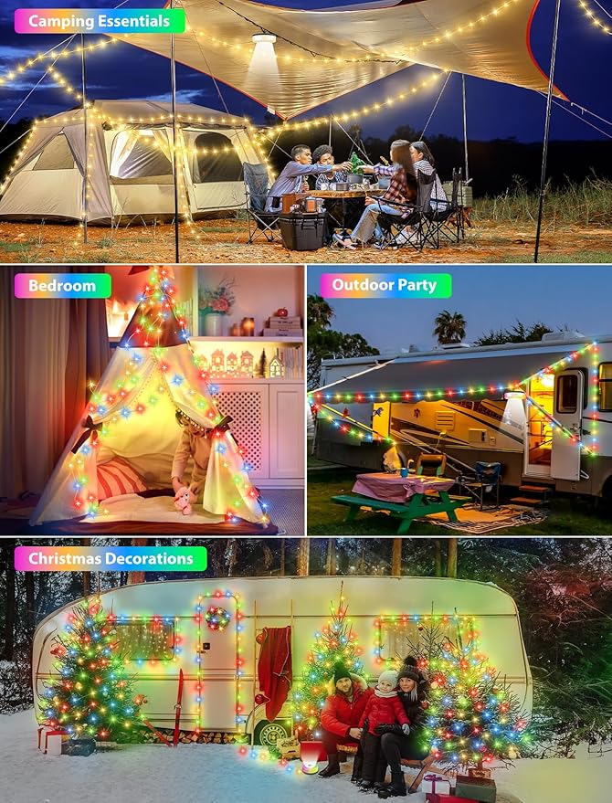 Camping String Lights, 4 in 1 Quick Storage Camping Essentials Gear 32.8FT Rechargeable Tent Lights with 9 Modes Hanging Waterproof LED Camp Lamp for Hiking Patio Awning Garden Halloween Xmas Festival