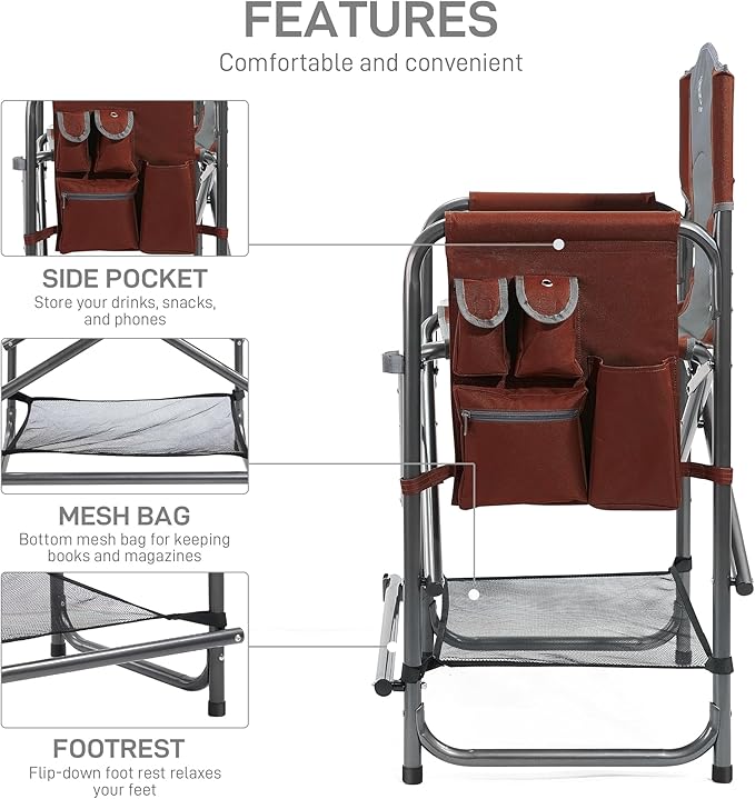 EVER ADVANCED Medium Tall Directors Chair Foldable Makeup Artist Chair Bar Height with Side Table Cup Holder and Pocket Footrest, Supports 400LBS (Red Brown, Seat Height: 23.2 inches)