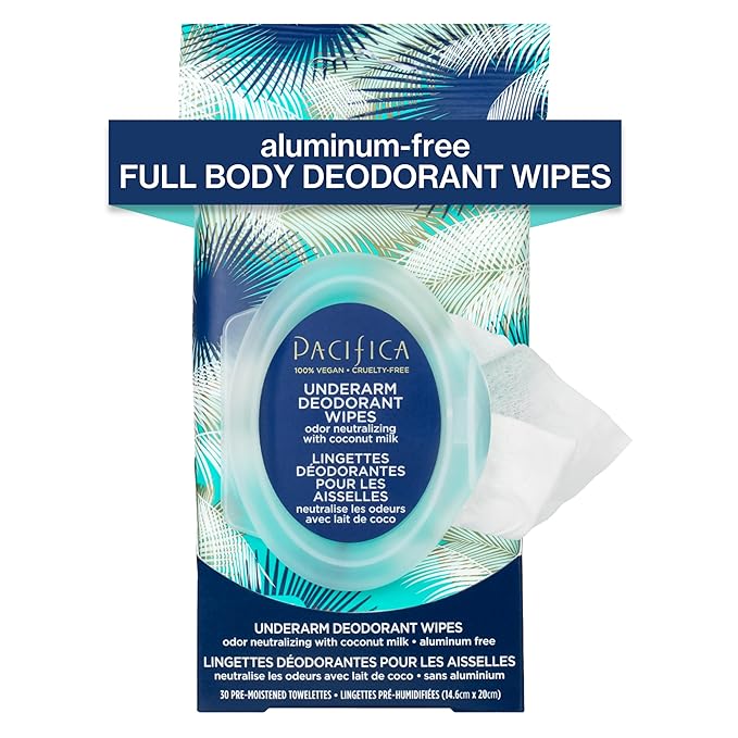 Pacifica Deodorant Wipes - Coconut Scented Body Wipes, Aluminum-Free After Workout Underarm Deodorant, Helps Fight Body Odor, Travel, Summer, Long Flight, and Gym Essentials for Men and Women - 30 pcs