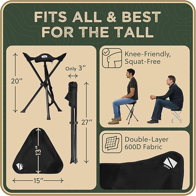 Foldable Tripod Stool - Ultra Portable Seat for Tall People, 20” High - Hunting Chair & Hidden Zippered Pocket - 2 lb Camping Stool, 3 Legged Strong Steel Stool Holds up to 200 lb (Black)