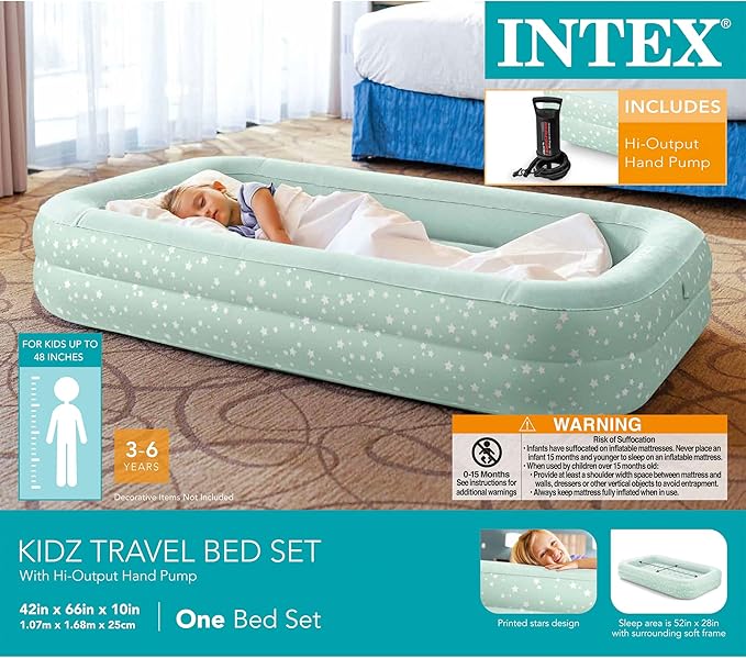 Intex Kids Travel Air Mattress Inflatable Bed with Raised Sides and Hand Pump - Portable Blow-Up Toddler Traveler Bed for Children's Naps or Sleep