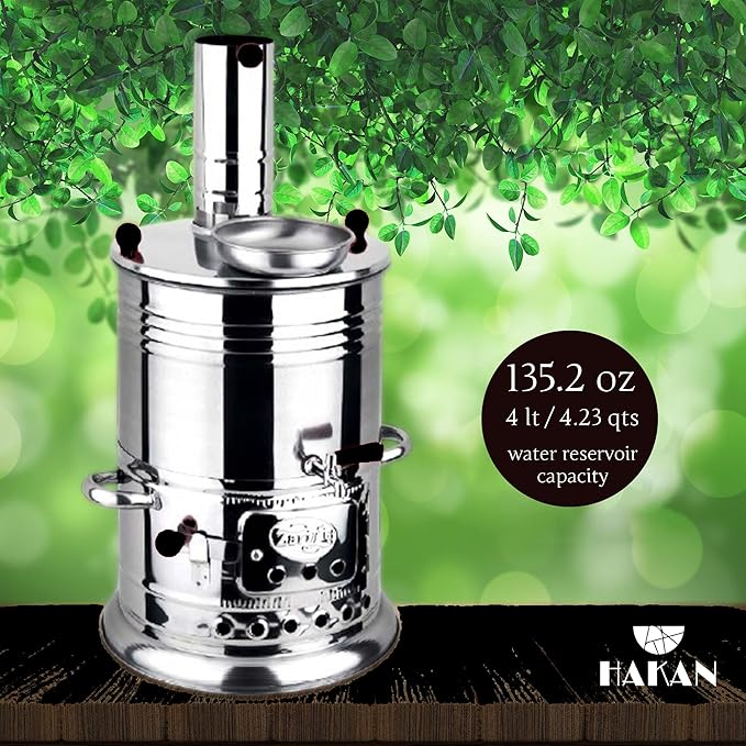 Portable Turkish Samovar Tea Kettle, Camping Water Boiler Tea Pot, Wood, Coals Fired Semaver Teapot, Water Heater for Camping, Picnic, Hunting, Outdoor Activities with Black Handles | 135.2 oz (4 lt)