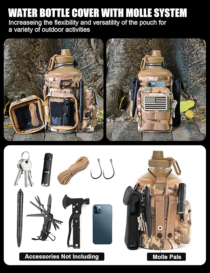 Tactical Half Gallon Water Bottle with Straw, 64 oz Insulated Water Jug with Molle Sleeve, Stainless Steel Sport Bottle with 3 BPA Free Lids for Gym Workout Hiking (Brown, 64OZ)