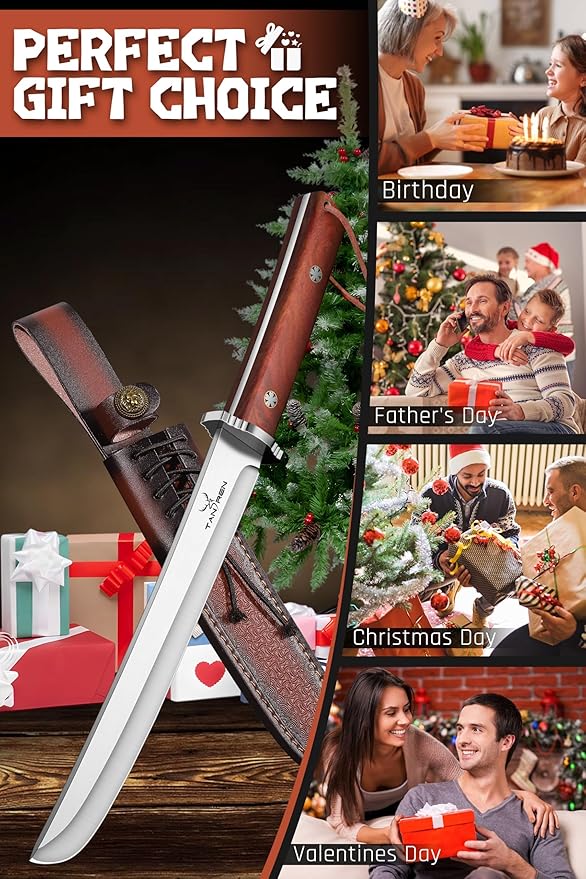 TAN REN Tanto Knife Fixed Blade, 8 Inch Survival Knives with Wooden Handle, Japanese Fixed Blade Knife with Sheath for Camping, Outdoor, Gift Knives for Men