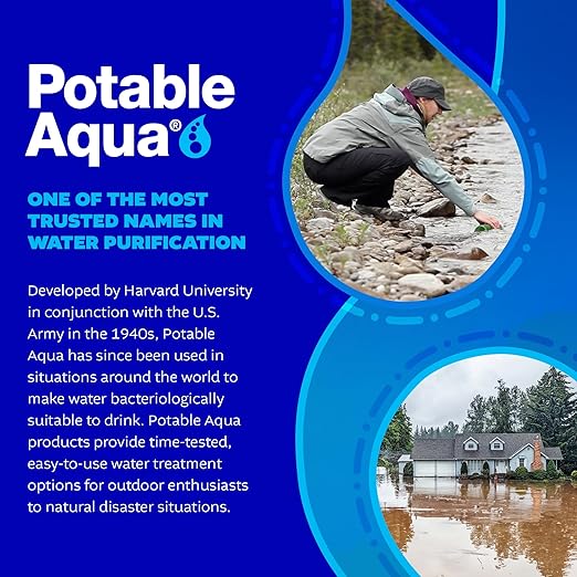 Potable Aqua Water Purification Tablets, Portable and Effective Water Purification Solution for Camping, Hiking, Emergencies, Natural Disasters and International Travel, Two 50ct Bottles, Blue