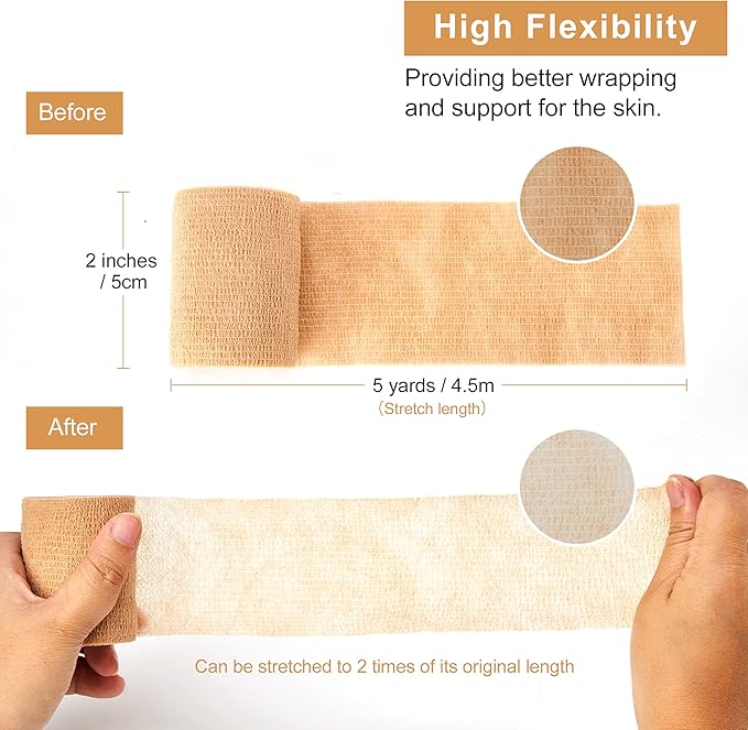 12 Bulk Pack Cohesive Tape, Self Adherent Wrap 2 Inches X 5 Yards - Self Adhesive Bandage Medical Vet Wrap for First Aid, Sports Protection and Wrist, Ankle Sprains & Swelling
