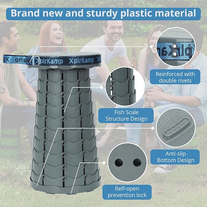 Retractable Folding Stool - Heavy Duty 400 lb Collapsible Portable Stool for Camping, Hiking, Fishing, Indoor/Outdoor with Non-Slip Base and Lightweight Design (Grey, 1-Pack)