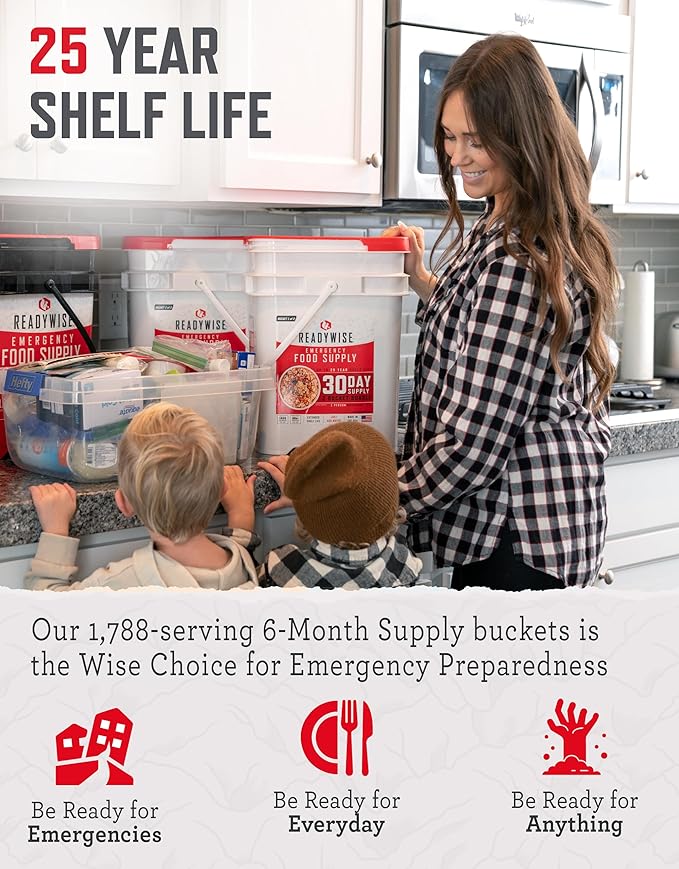 ReadyWise 6 Month Emergency Food Supply - 1,788 Servings, 12 Buckets Freeze Dried Protein Meals, Disaster Survival Food Storage, Ready to Eat, Camping Essentials, up to 25 Year Shelf Life