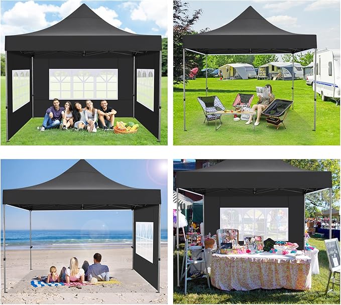 COBIZI 10x10 Pop Up Canopy with 4 Sidewall,Heavy Duty Canopy UPF 50+ All Season Wind Waterproof Commercial Outdoor Wedding Party Tents for Parties Canopy Gazebo with Roller Bag (10 x 10 ft Black)