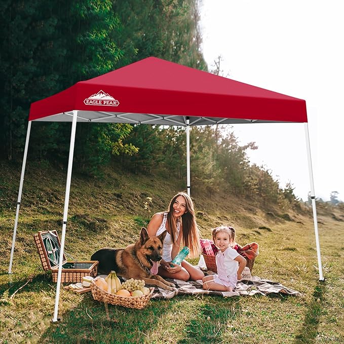 EAGLE PEAK 10x10 Slant Leg Pop-up Canopy Tent Easy One Person Setup Instant Outdoor Beach Canopy Folding Portable Sports Shelter 10x10 Base 8x8 Top (Red)