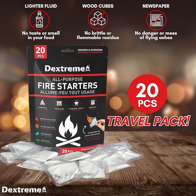 Dextreme Quick Instant Fire Starter - Waterproof All-Purpose Indoor & Outdoor Firestarter, for Charcoal Starter, Campfire, Fireplace, BBQ, Survival and Wood Stove (20 Pcs Bag)