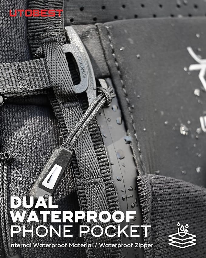 UTOBEST Running Vest for Women Men with 500ml/17oz Soft Water Bottle and LED Safety Light, 5L Phone Holder with Adjustable Belt & Ample Storage