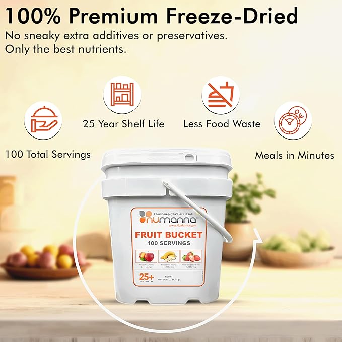 Numanna Freeze-Dried Fruits Bucket – 100 Servings, 2 lbs | Apples, Bananas & Strawberries | Healthy Snack for Everyday Use, Emergency & Survival Meals | Durable Packaging, 25+ Year Shelf Life | Made in USA